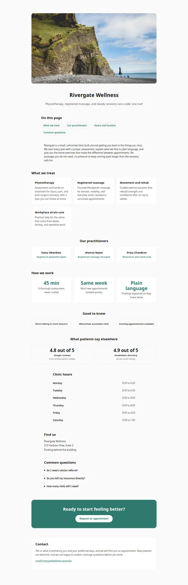 The Wellness clinic design, the whole page as it renders