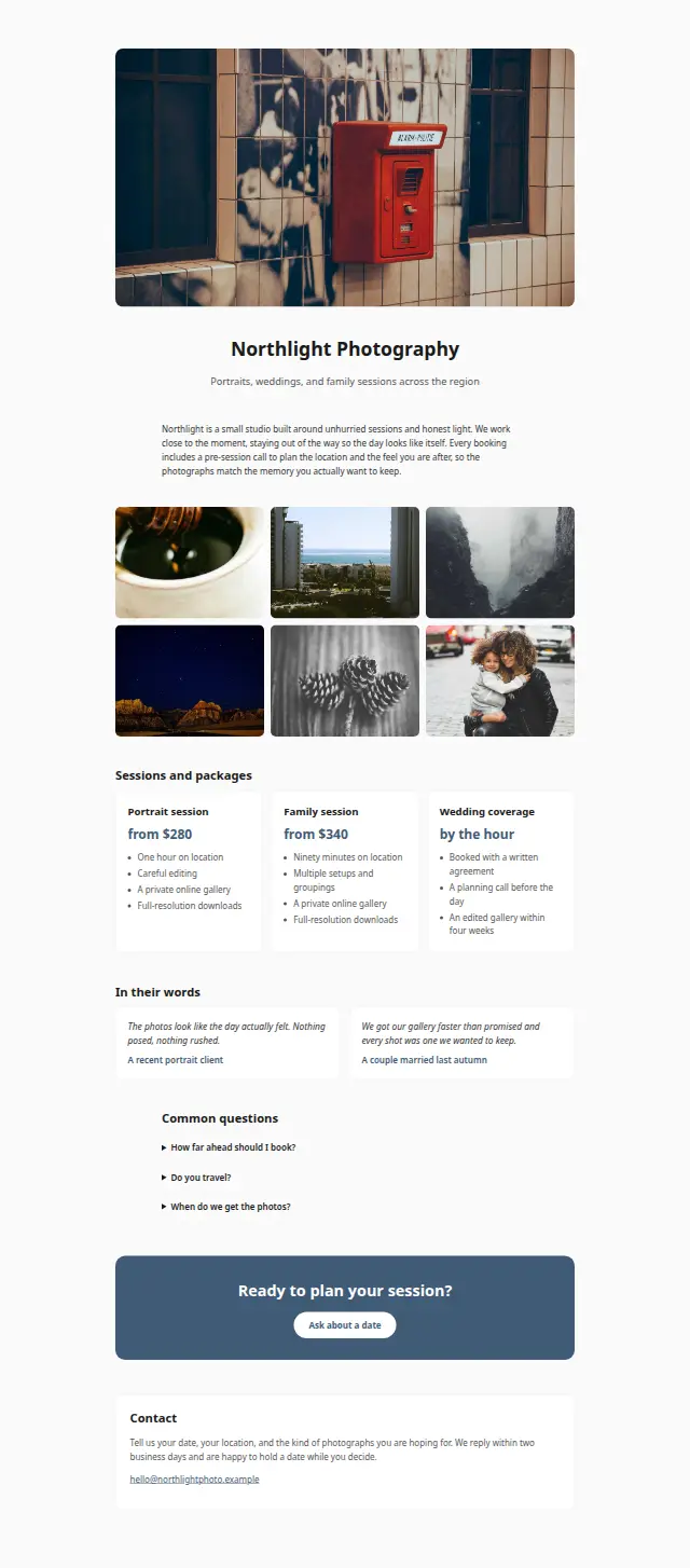 The Photographer studio design, the whole page as it renders