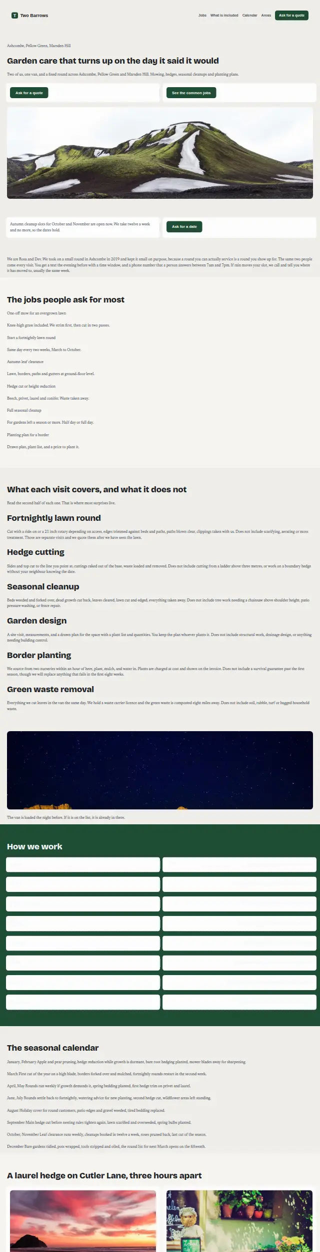 The Two Barrows Garden Care design, the whole page as it renders