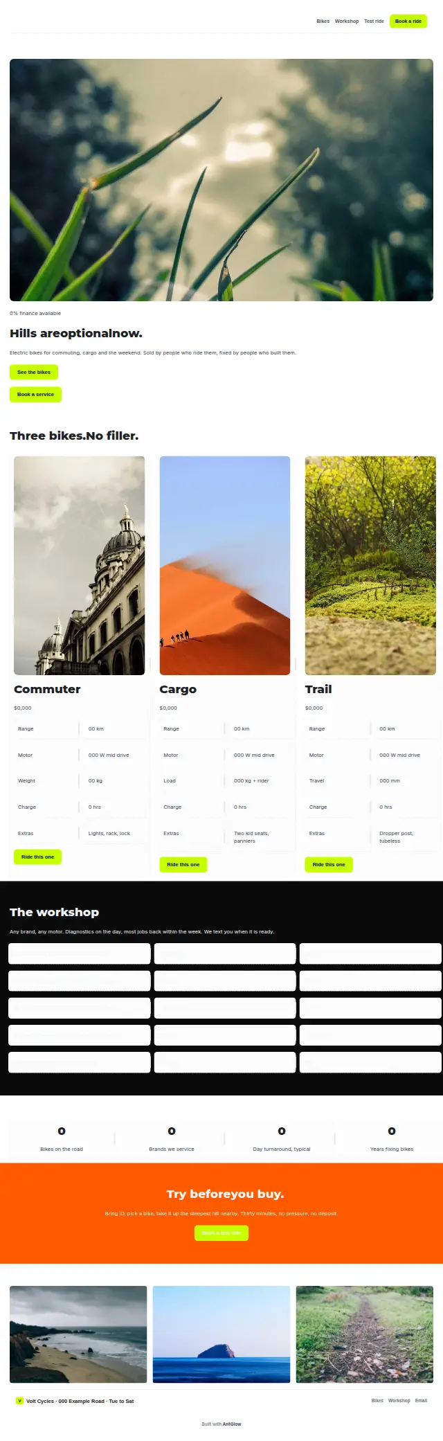 The Volt Cycles design, the whole page as it renders